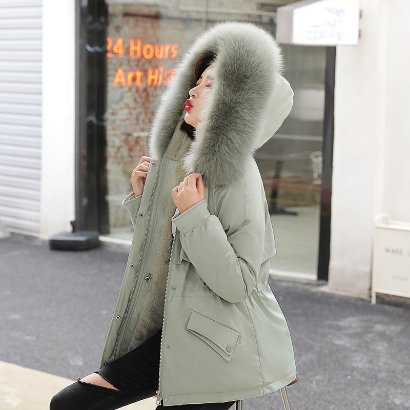 Hooded winter down fur collar long cotton coat for women