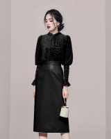 Lantern sleeve black tops velvet leather skirt a set