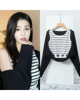 White knitted tops black autumn vest 2pcs set for women