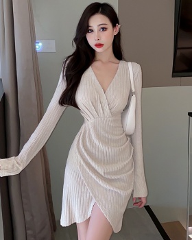 Autumn minority fold sueding knitted long sleeve sexy dress