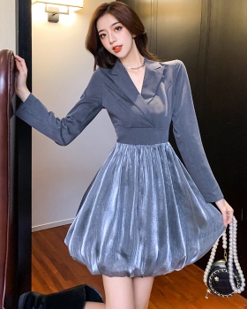 Splice long sleeve organza business suit pinched waist retro dress