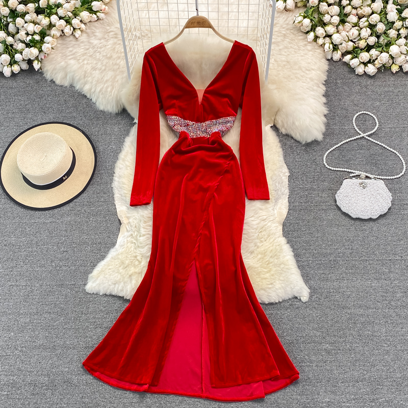 Red sexy velvet dress temperament queen evening dress