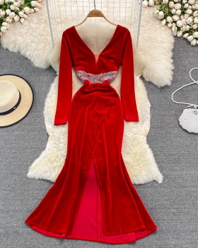 Red sexy velvet dress temperament queen evening dress