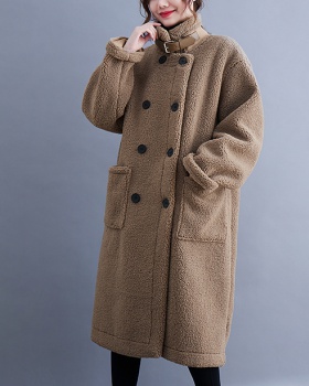 Long lambs wool coat leather cashmere loose overcoat