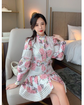 With belt single-breasted retro dress for women
