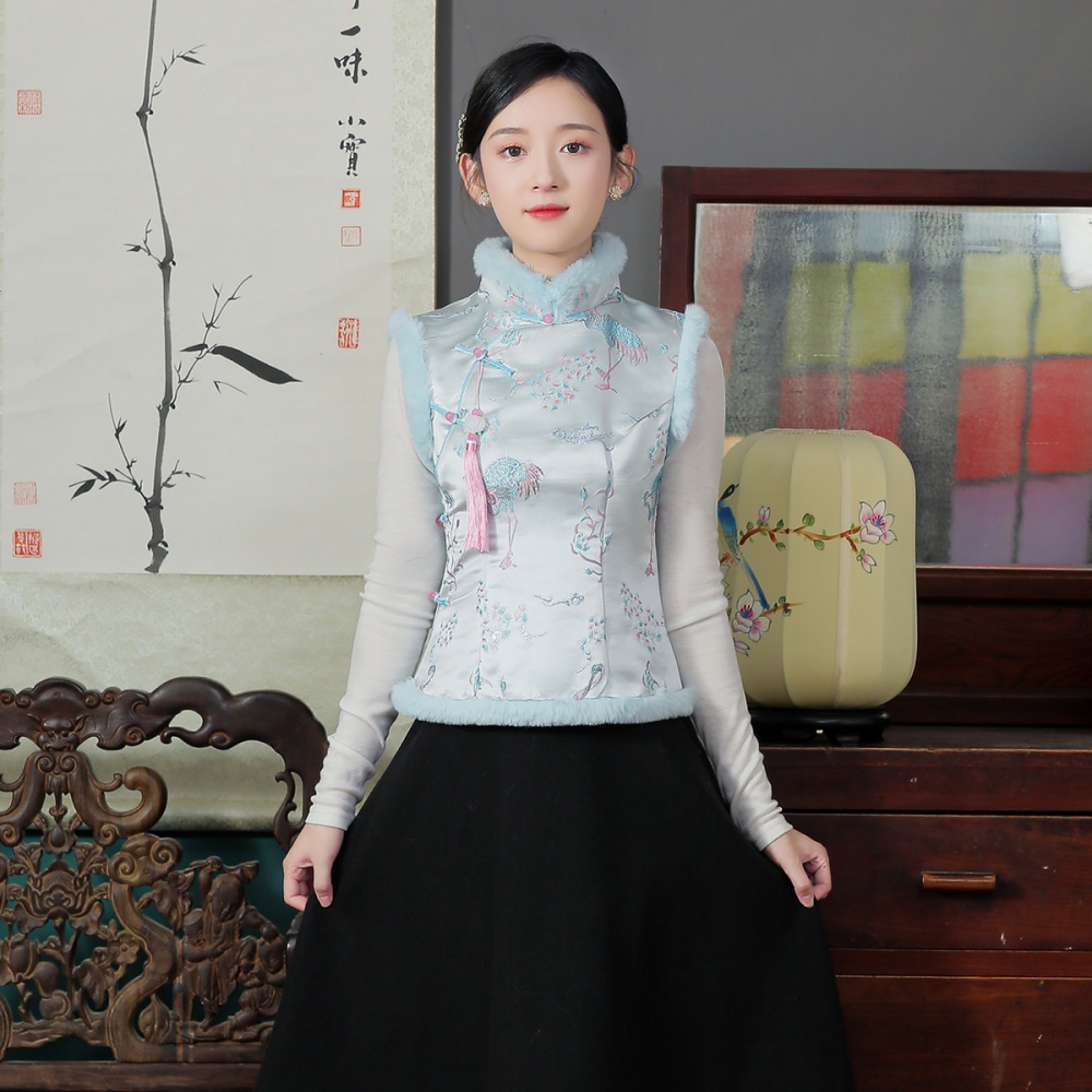 Fluffy cotton vest hemming Chinese style waistcoat