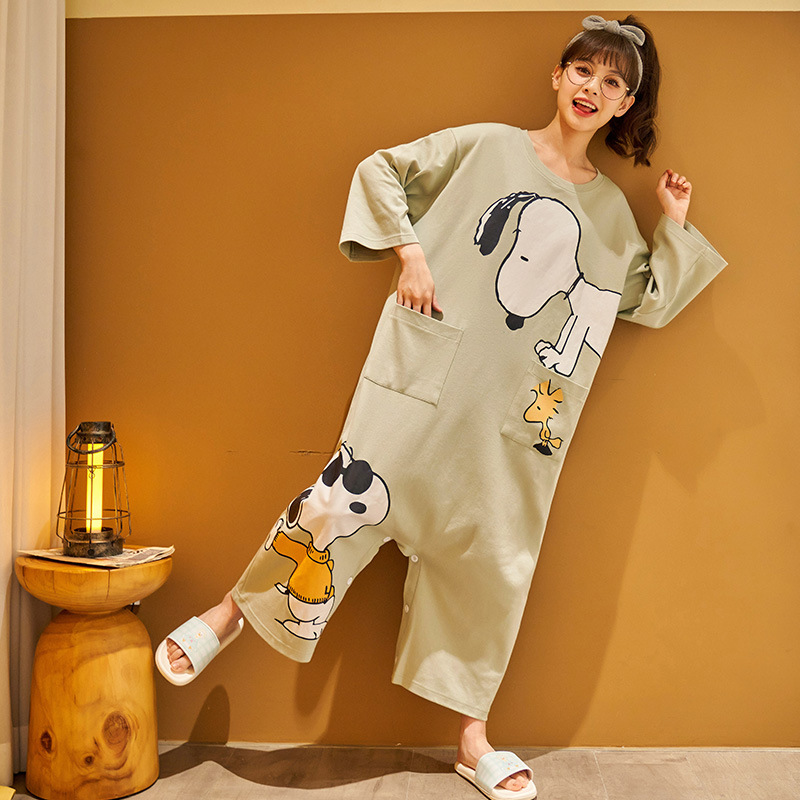 Loose pure cotton jumpsuit round neck skirt for women