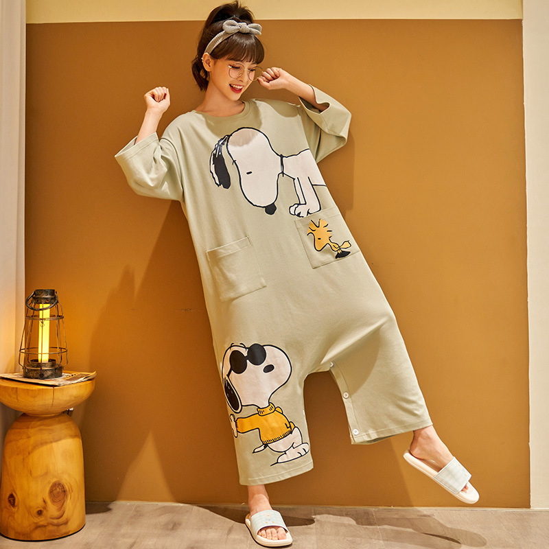 Loose pure cotton jumpsuit round neck skirt for women