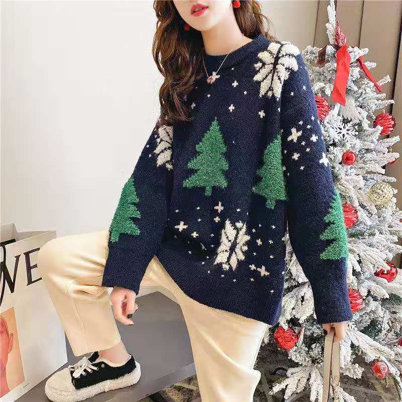Christmas thick lazy tops red pullover sweater for women
