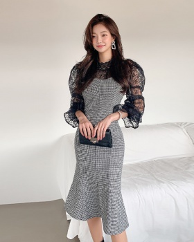 Korean style slim strap dress houndstooth dress 2pcs set