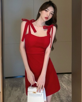 Bandage bow formal dress France style pinched waist dress
