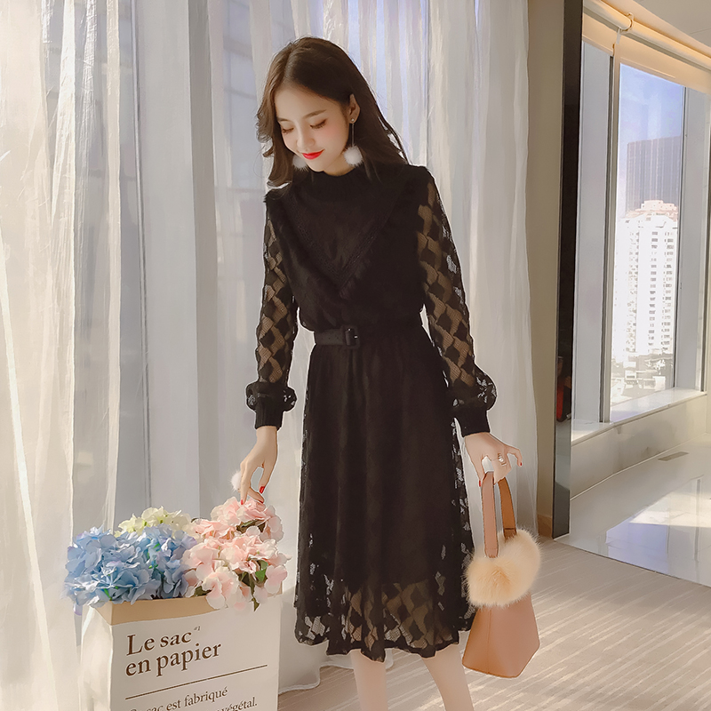 Lace bottoming plus velvet long sleeve autumn and winter dress