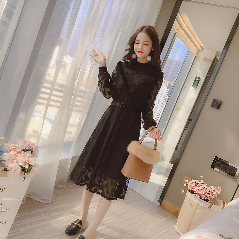Lace bottoming plus velvet long sleeve autumn and winter dress