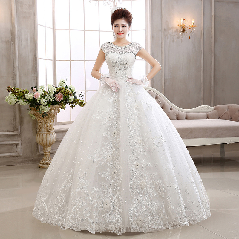 Lace Korean style white short sleeve wedding dress