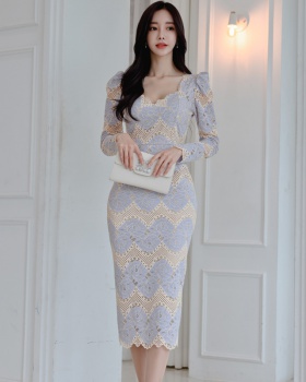 Slim lace double color V-neck long temperament winter dress