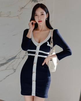 Package hip breasted long sleeve V-neck mixed colors dress