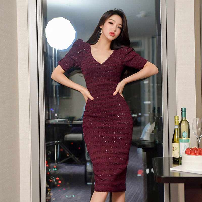 Slim puff sleeve Korean style V-neck winter dress