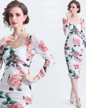 Package hip printing pinched waist puff sleeve long dress