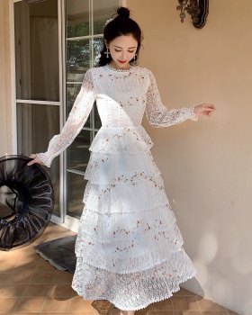 Embroidered lace cake dress retro slim autumn long dress