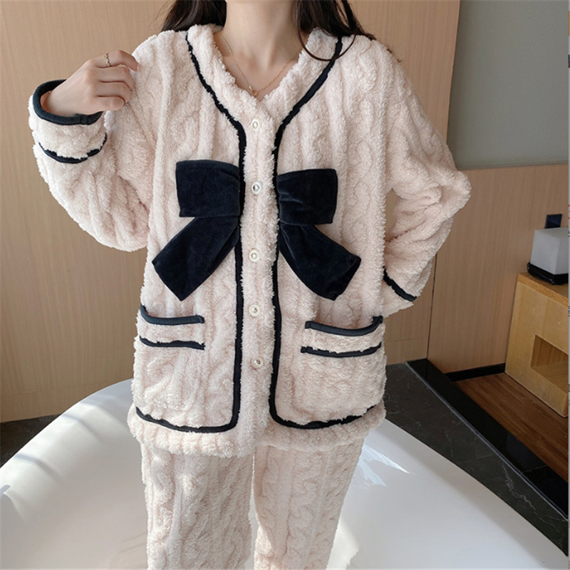 Thermal flannel plus velvet pajamas a set for women