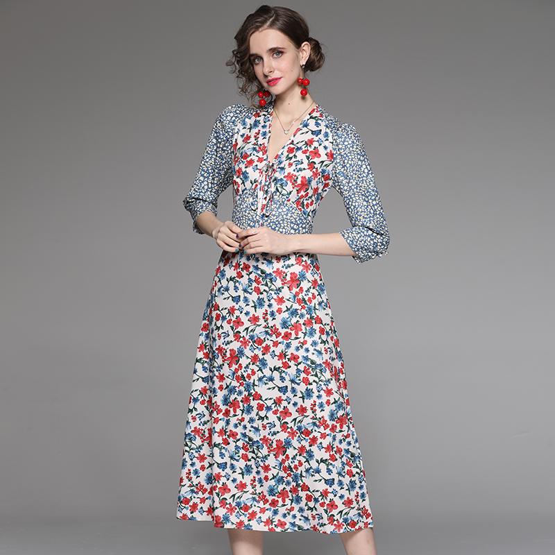 Printing retro frenum France style short sleeve floral dress