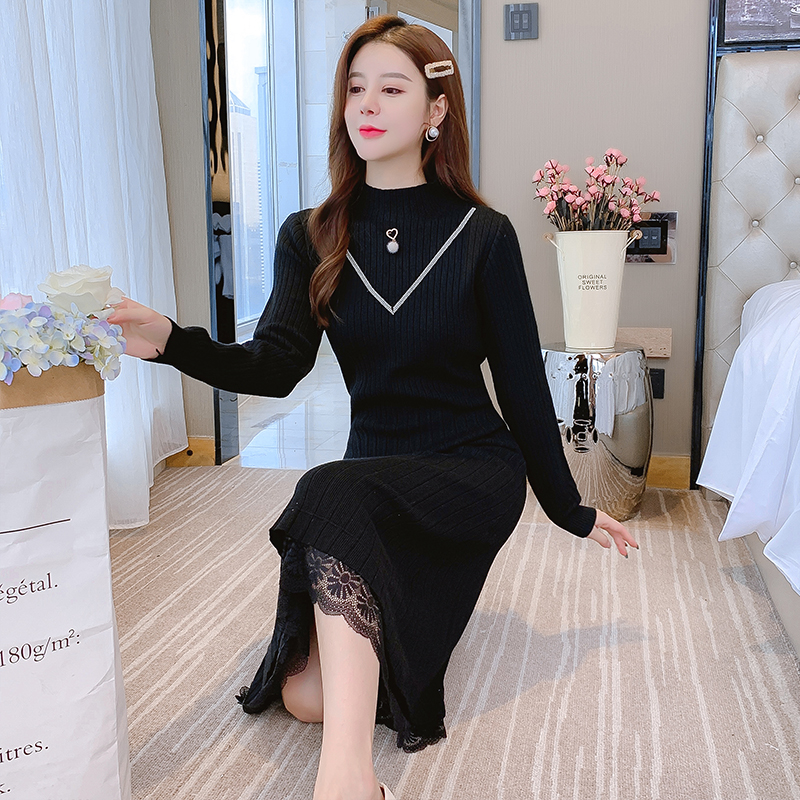 Knitted half high collar overcoat thick long dress