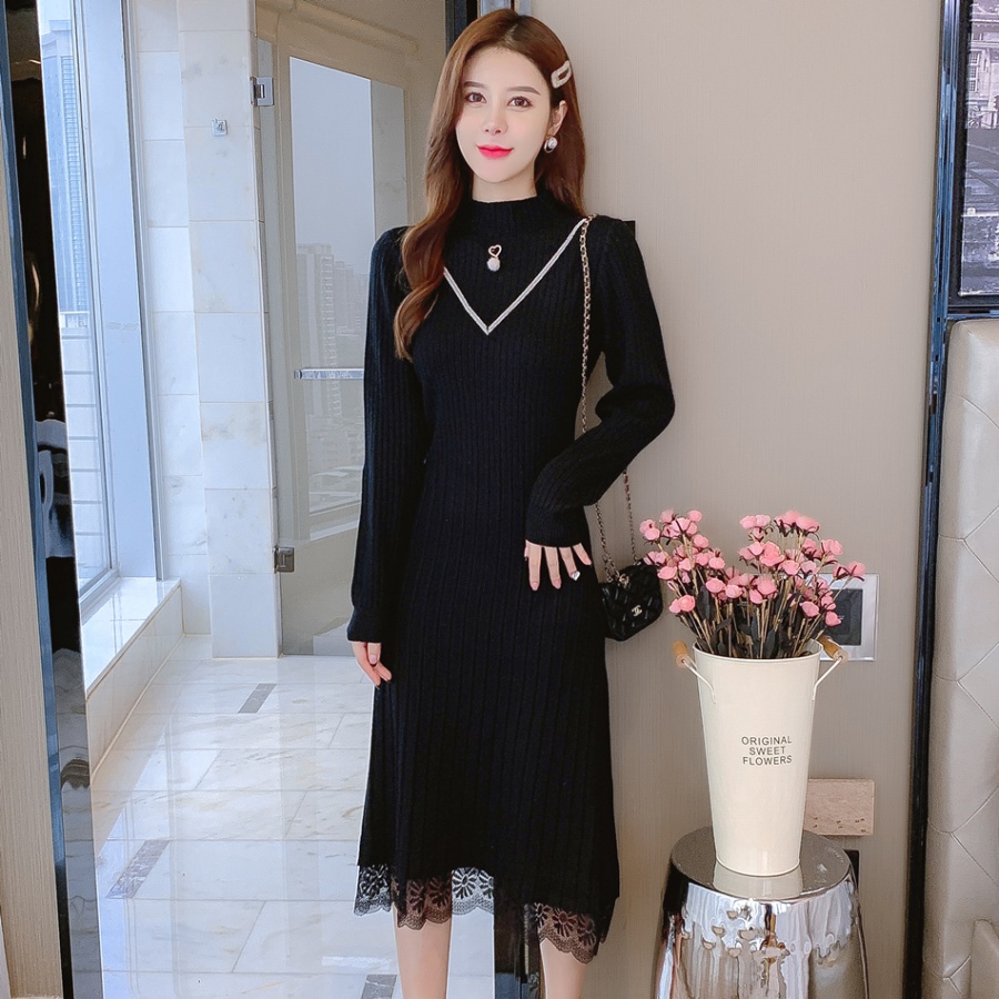 Knitted half high collar overcoat thick long dress