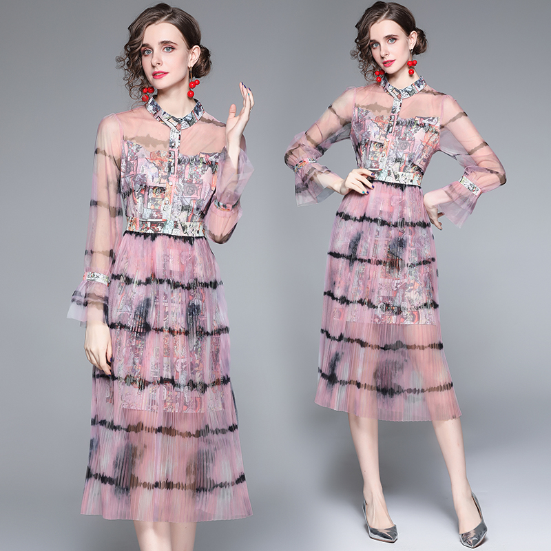 Breathable spring and autumn printing gauze dress
