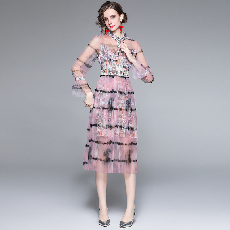 Breathable spring and autumn printing gauze dress