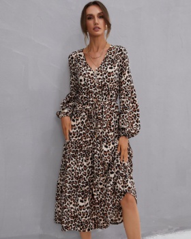 Bandage leopard autumn long V-neck dress for women