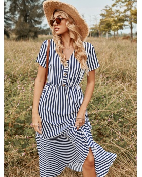 European style high waist V-neck stripe dress for women