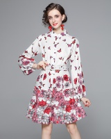 Stand collar single-breasted pinched waist printing dress