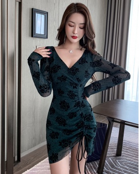 Long sleeve sexy V-neck low-cut autumn package hip dress