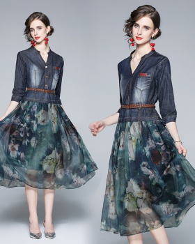 Splice printing spring Pseudo-two dress for women