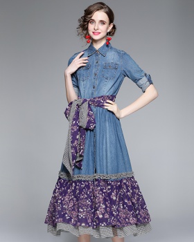 Splice long slim denim spring retro floral dress