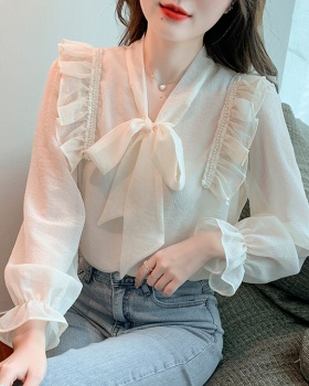 Bow France style tops spring long sleeve shirt for women