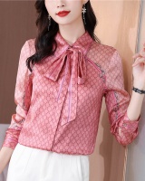 Thick silk bow long sleeve tops printing fashion shirt