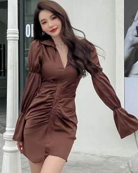 Brown shirt long sleeve dress for women