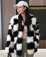 Light chessboard fur coat mixed colors fox fur overcoat