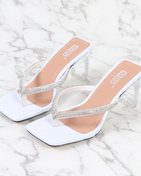 Rhinestone sandals square head slippers for women