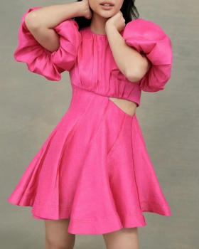 France style rose-red hollow T-back waist puff sleeve dress