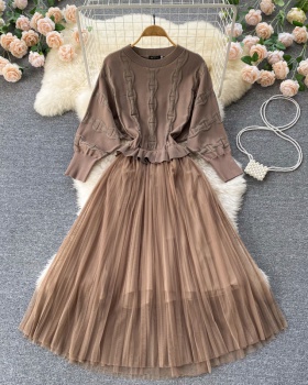 Spring long sweater pinched waist splice dress