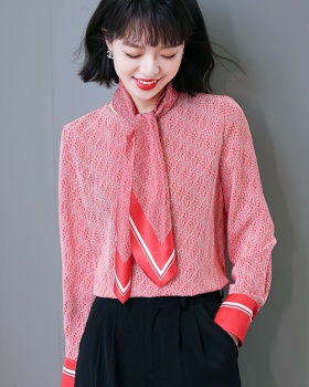 Scarf pullover spring shirt bow printing chiffon shirt for women