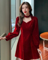 V-neck red pinched waist annual meeting dress for women