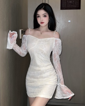 Retro trumpet sleeves lace package hip slim sexy dress