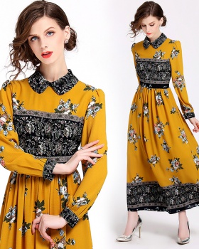 European style printing pinched waist slim all-match dress