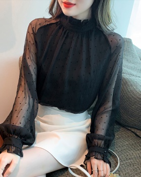 Gauze retro black tops chiffon cstand collar shirt for women
