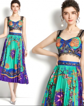 Printing pleated tops spring and summer skirt a set