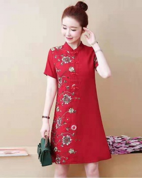 Short sleeve summer dress cotton linen cheongsam for women