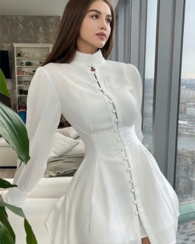 European style long sleeve T-back slim round neck dress